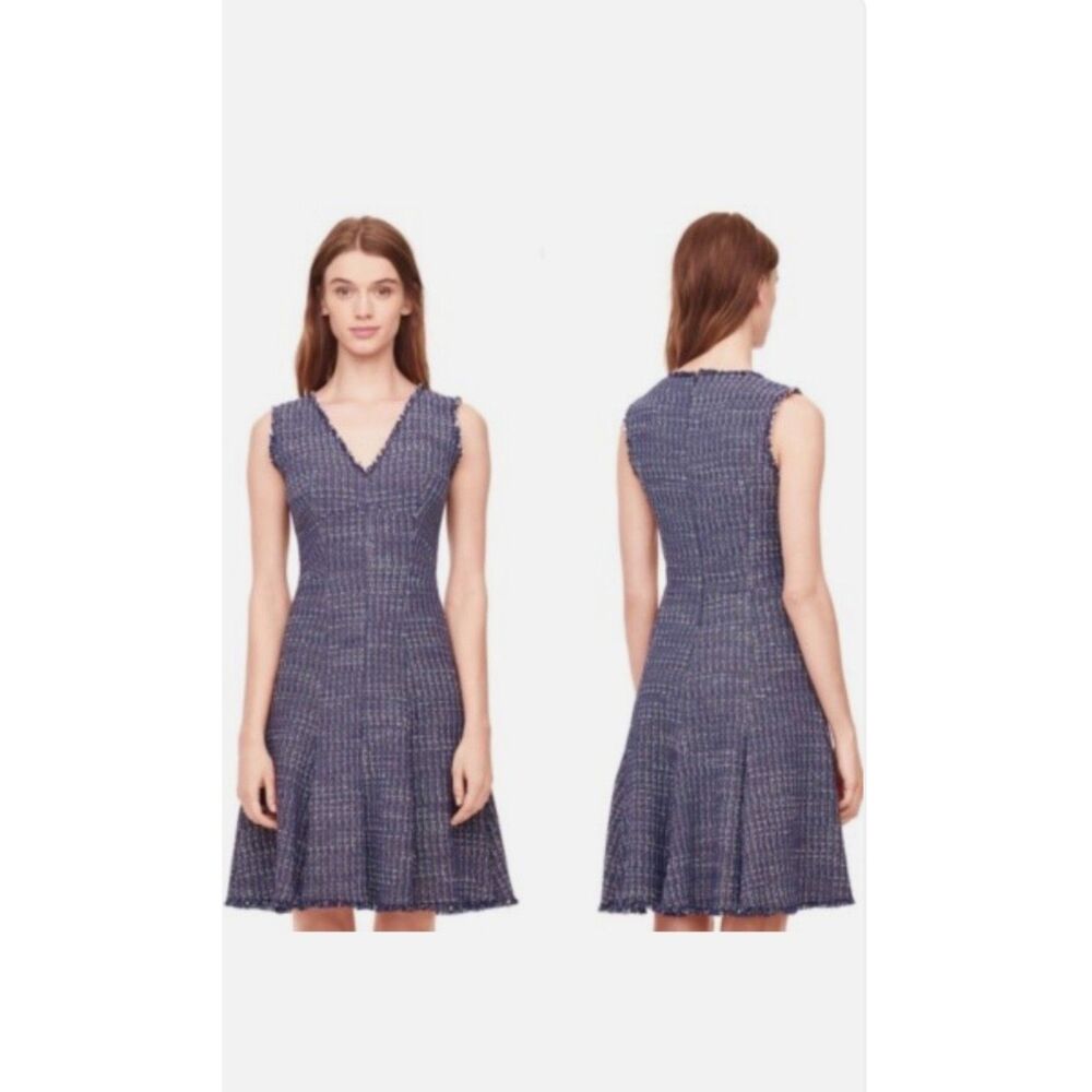 Rebecca Taylor Navy Pink White Tweed Fit & Flare Lined V Neck Dress Size 6